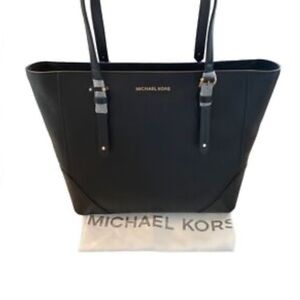 Michael Kors Black Pebbled Leather Tote with Gold Logo